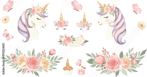Whimsical unicorn illustrations with floral crowns and decorations