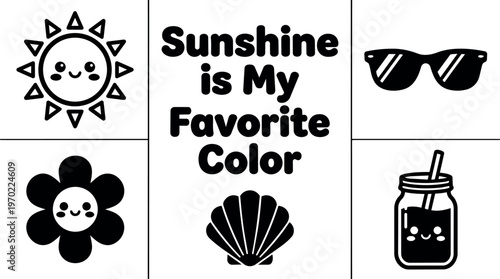 Sunshine is my favorite color phrase with happy sun flower sunglasses shell and jar icons