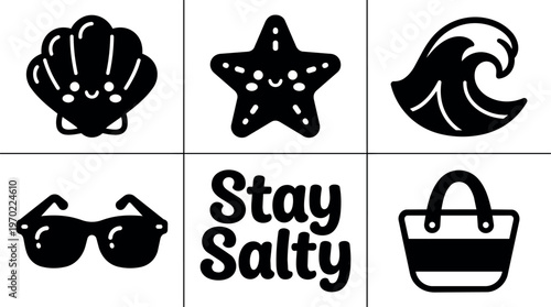 Black and white kawaii sea shell star wave sunglasses stay salty text and beach bag icons