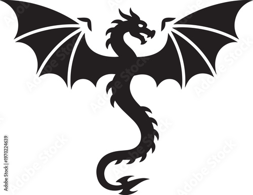 Silhouette of a mythical winged dragon creature with its wings spread wide, dark fantasy illust