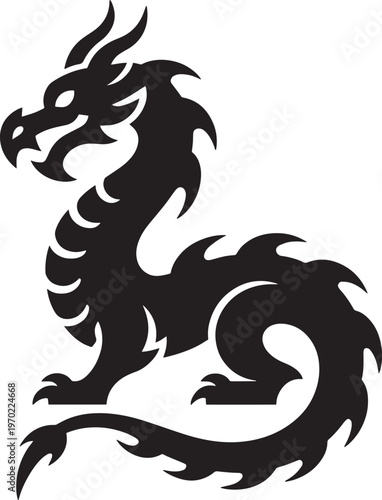 Traditional Eastern Asian Dragon Silhouette With Horns And Spikes Illustration