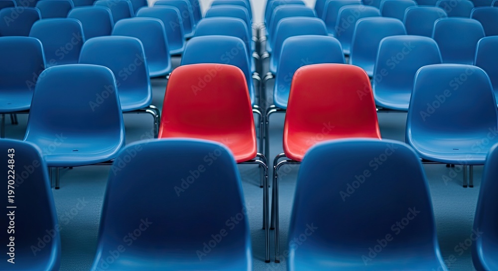 Fototapeta premium Red Chairs Among Blue, Abstract Pattern, Individuality Concept