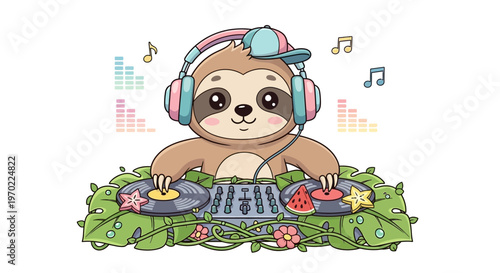 A cartoon sloth DJ wearing headphones plays music on a turntable surrounded by leaves.