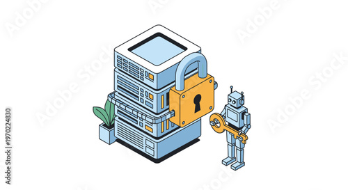 Isometric AI Robot Holding Key to Secure Server Data, Cybersecurity and Information Protection Concept