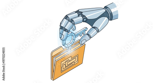 Robotic Hand Holding Glowing Digital Key to Unlock Document Folder - AI Cybersecurity and Data Protection Concept Illustration