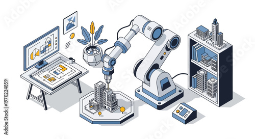 Isometric Illustration of a Robotic Arm Building an Architectural City Model, Representing Automation in Construction, Smart City Planning, and 3D Printing Technology
