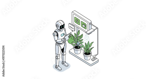 Isometric AI Robot Watering House Plants on Smart Digital Shelf System - Concept for Automated Indoor Gardening, AgriTech, and Future IoT Smart Home Technology