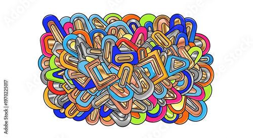 A colorful illustration of paper clips in various shapes and sizes are tangled together.
