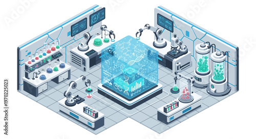 Isometric Futuristic Biotech Laboratory with Robotic Arms, DNA Hologram, and Scientific Automation Equipment for Genetic Research and Medical Innovation