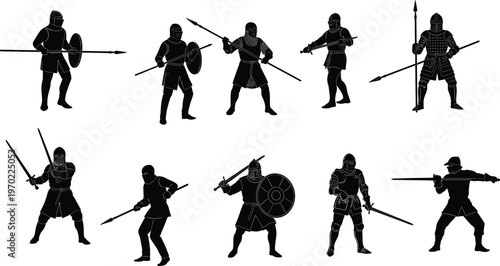 Medieval knight silhouettes set with swords shields and spears black warrior characters collection for historical battle design and game assets