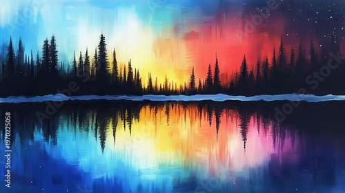 Vibrant Abstract Landscape Painting with Silhouetted Trees and Colorful Sky Reflection on Water