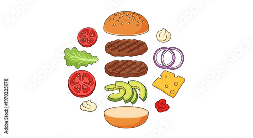 A colorful illustration of a burger being assembled with ingredients floating in mid-air.