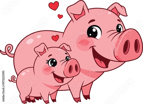 Cute pig family vector illustration, cartoon pigs with hearts, happy animal characters, love concept, farm animals flat design isolated