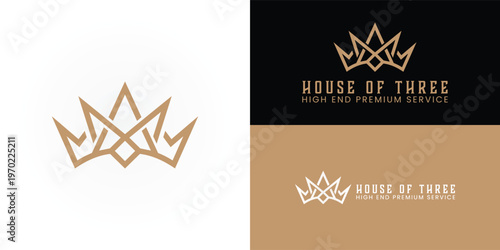 A minimalist emblem in a gold tone featuring three interwoven crown peaks. The geometric lines convey heritage, elite status, and refined elegance, making it ideal for a luxury hospitality brand.