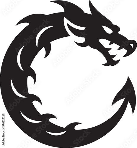 Stylized dark silhouette of a fierce mythological dragon coiled in a circular shape