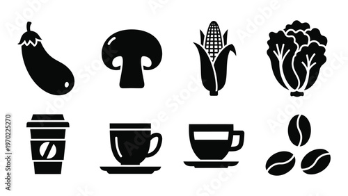 A collection of black silhouettes depicting various food and drink items including vegetables coffee and tea silhouette high quality professional detailed