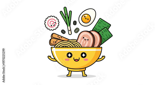 A cheerful cartoon bowl of ramen noodles with ingredients floating around on a white background.