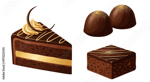 Delicious chocolate cake slice and assorted chocolates on a clean white background for dessert