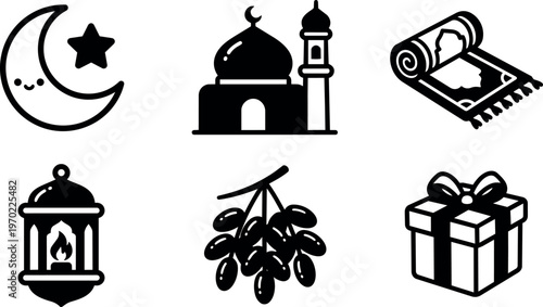 Ramadan icons crescent mosque lantern prayer mat dates gift box