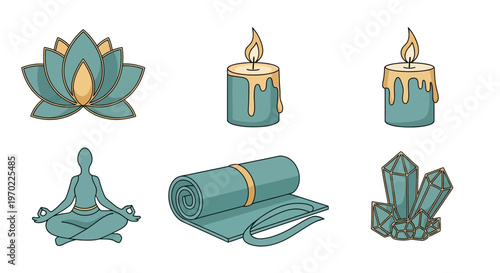 A serene yoga scene with candles and crystals surrounding a meditating person on a mat.