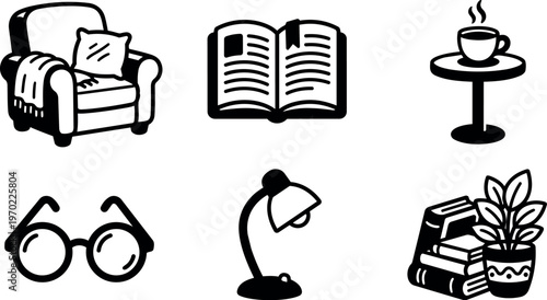 Black and white line art reading chair book lamp coffee and plant icons