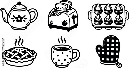 Black and white line art kitchen items including teapot toaster pie coffee cup and oven mitt