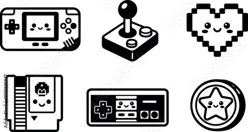 Black and white cute retro video game console joystick heart and star icons