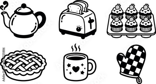Black and white line art kitchen items including teapot toaster pie muffins and oven mitt