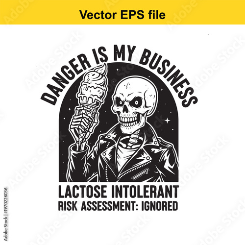 A skeleton holding ice cream with a leather jacket on