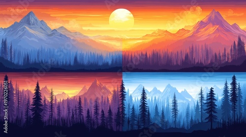 Vibrant sunrise and sunset over majestic mountains creating stunning silhouettes against a colorful sky