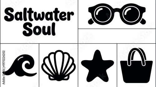 Saltwater soul text with sea wave shell starfish and sunglasses icons