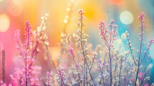 Vibrant wildflowers blooming in a sunny meadow with soft bokeh background, evoking a sense of natural beauty and serenity.
