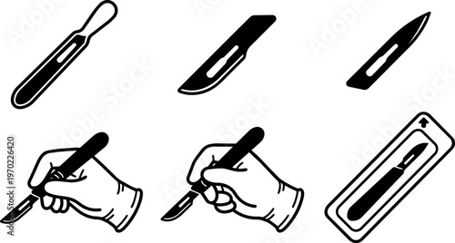 Black and white scalpel icons including hand holding scalpel and blister pack