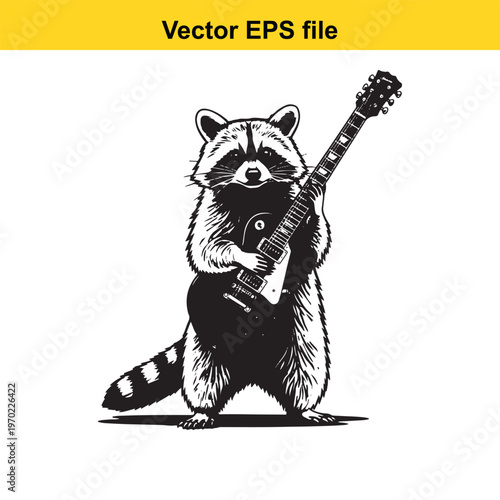 A raccoon holding a guitar