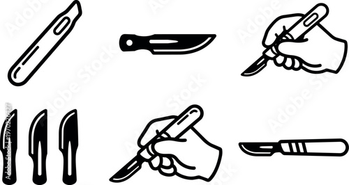 Black and white scalpel and surgical knife hand holding scalpel vector art