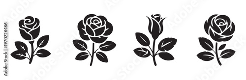 Minimalist black rose icons set featuring various flower stages and leaf arrangements art