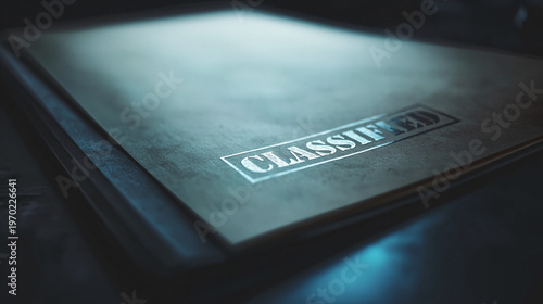 Classified dossier folder in dark light with confidential file label