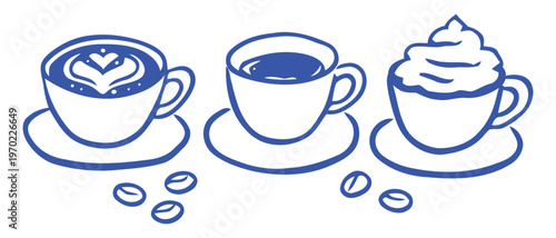 Three coffee drinks and coffee beans a blue sketch illustration