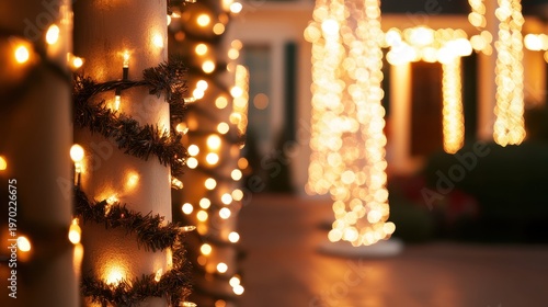 Warm glowing Christmas lights elegantly wrapped around a porch railing creating a festive holiday atmosphere with soft bokeh effects.