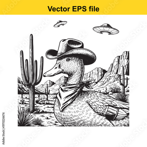 A duck wearing a cowboy hat in the desert