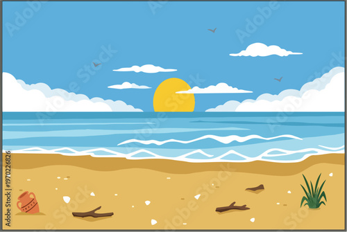 Tableau sur toile Simple flat illustration of a calm beach scene with ocean waves, bright sun, and clear sky, perfect for travel, summer, and relaxation themes