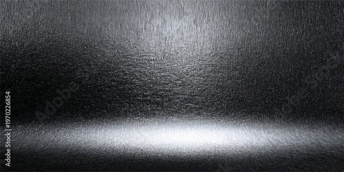 A dark silver brushed metal texture background with a stainless steel surface pattern and shiny chrome light reflections on a gray metallic aluminum plate backdrop