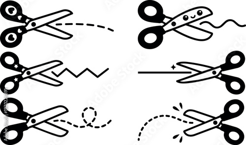 Black and white line art scissors cutting various dashed and zigzag lines set