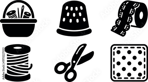 Black and white sewing tools basket thimble scissors and fabric patch vector art