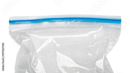 Fotografie Isolated empty crumpled clear resealable plastic freezer bag with a blue zip-loc