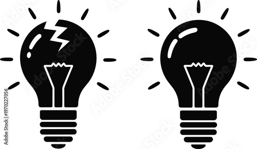 Set of black light bulb silhouettes with glowing rays featuring one broken and one intact bulb representing failed versus successful creative ideas and innovation.