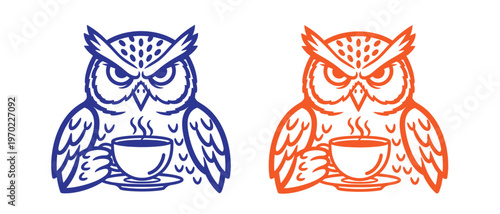 Charming owl duo enjoying coffee a whimsical illustration with artistic flair
