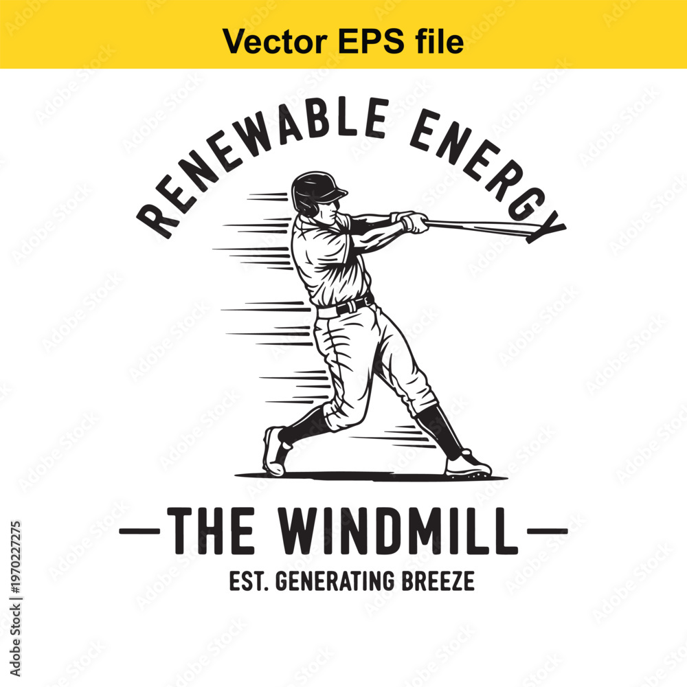 Fototapeta premium A black and white image of a baseball player swinging a bat with renewable energy text