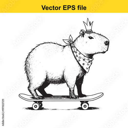A capybara wearing a crown and bandana rides a skateboard