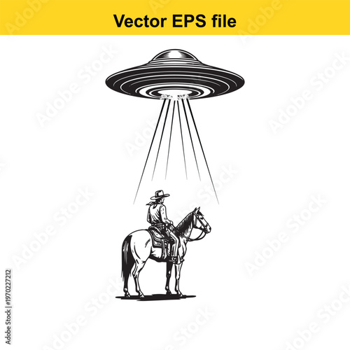 A cowboy on a horse is being abducted by a flying saucer